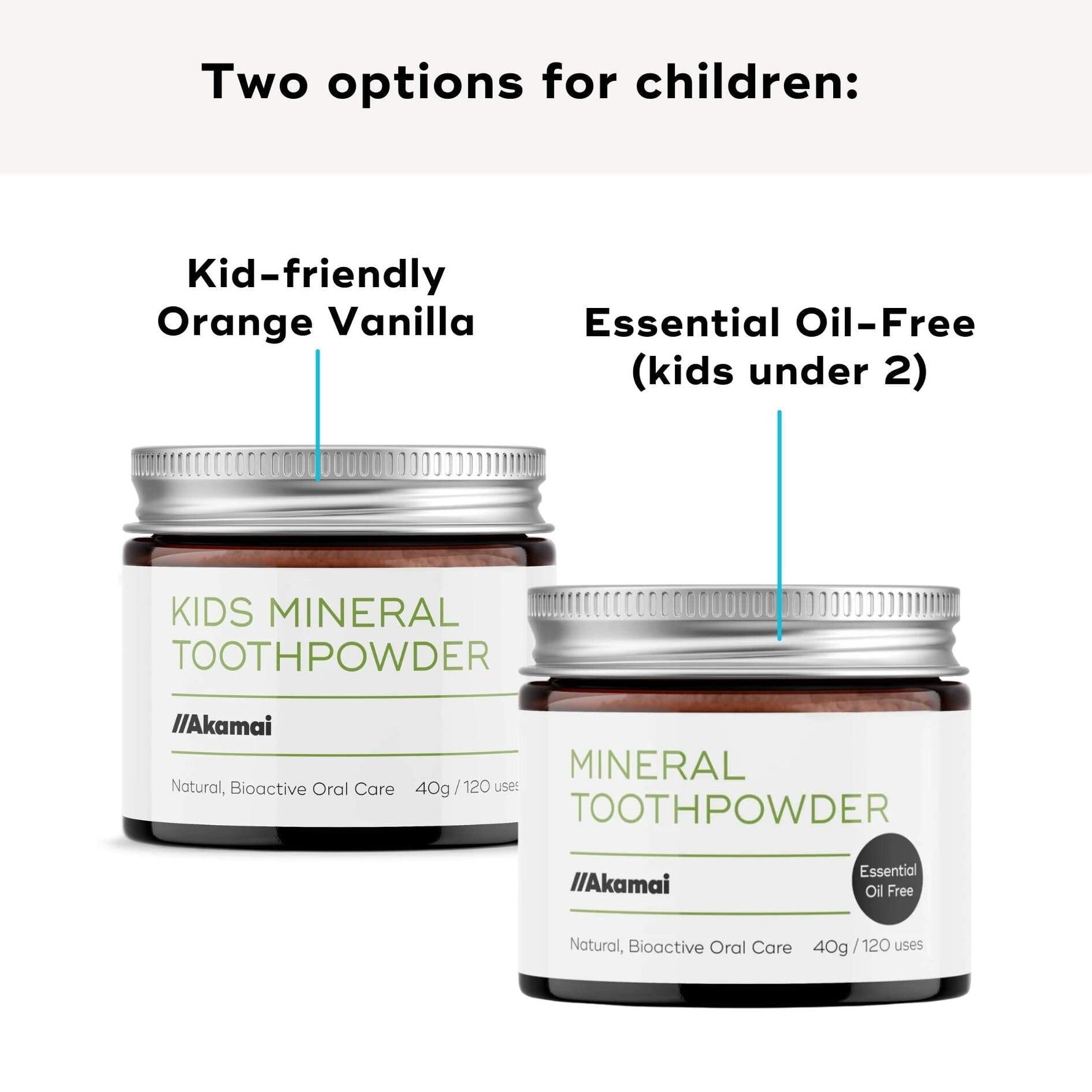 Two jars of KIDS MINERAL TOOTHPOWDER in Kid-friendly Orange Vanilla and Essential Oil-Free for children under 2.