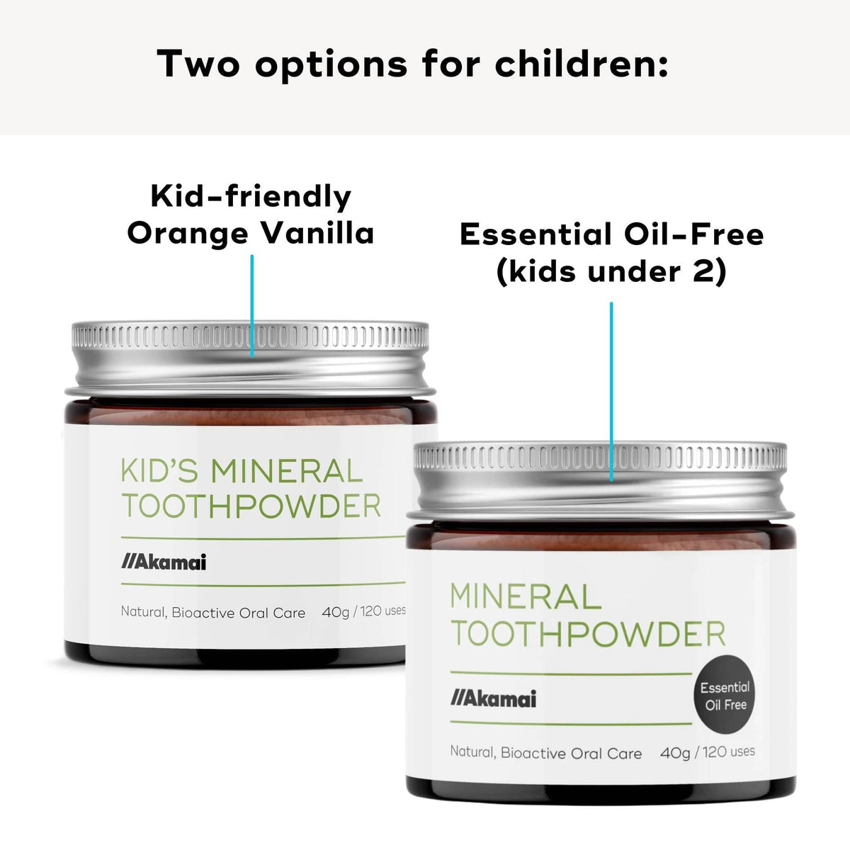 Two jars of Akamai Basics KIDS MINERAL TOOTHPOWDER in kid-friendly Orange Vanilla and essential oil-free options.