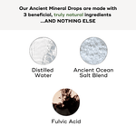 Image highlighting ingredients of ANCIENT MINERAL DROPS: distilled water, ancient ocean salt blend, and fulvic acid.