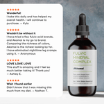 Four different 5 star reviews of Akamai's Fulvic Mineral Complex next to a bottle of the supplement.