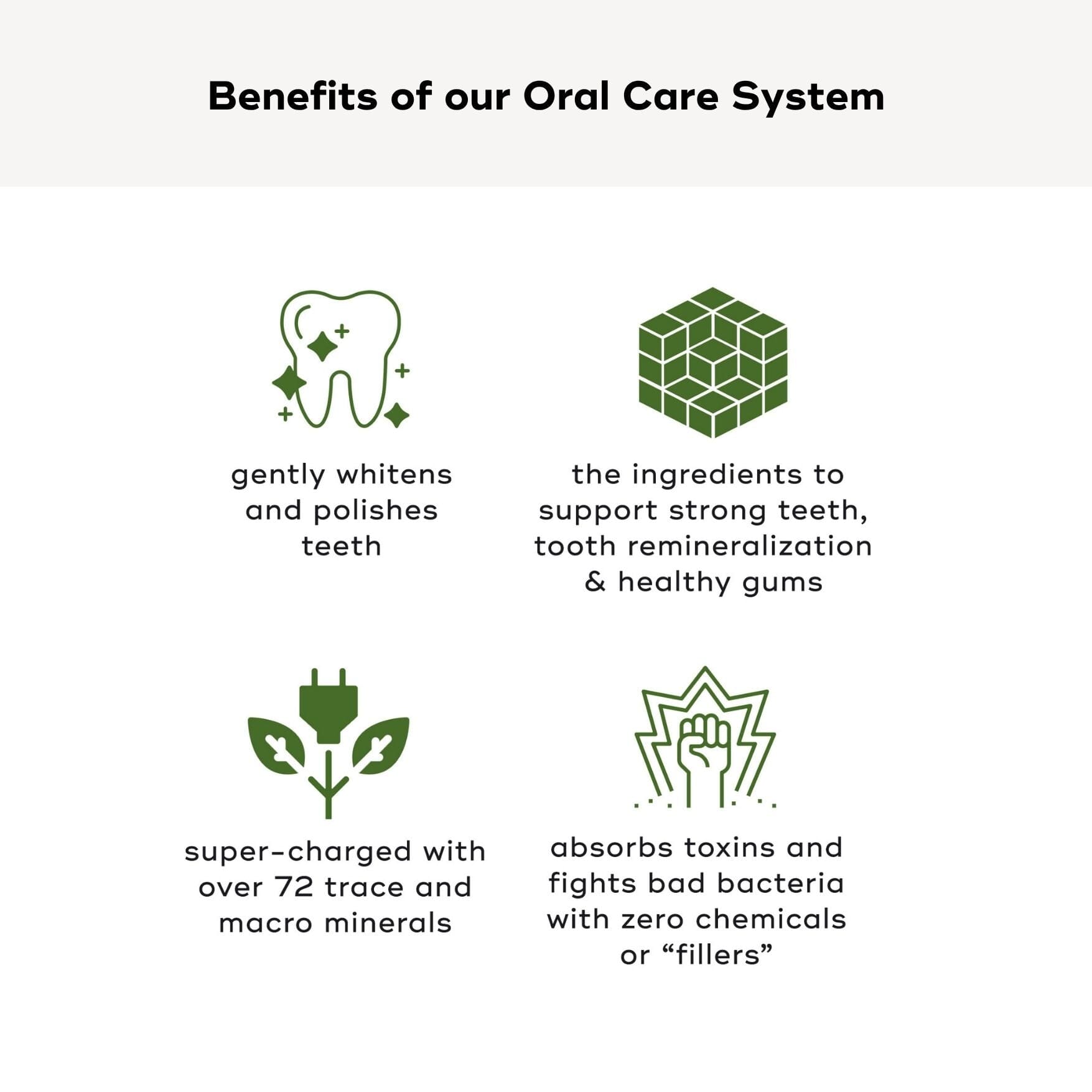 Infographic highlighting benefits of the ORAL CARE ESSENTIALS KIT, featuring tooth whitening, mineral support, toxin absorption, and natural ingredients.