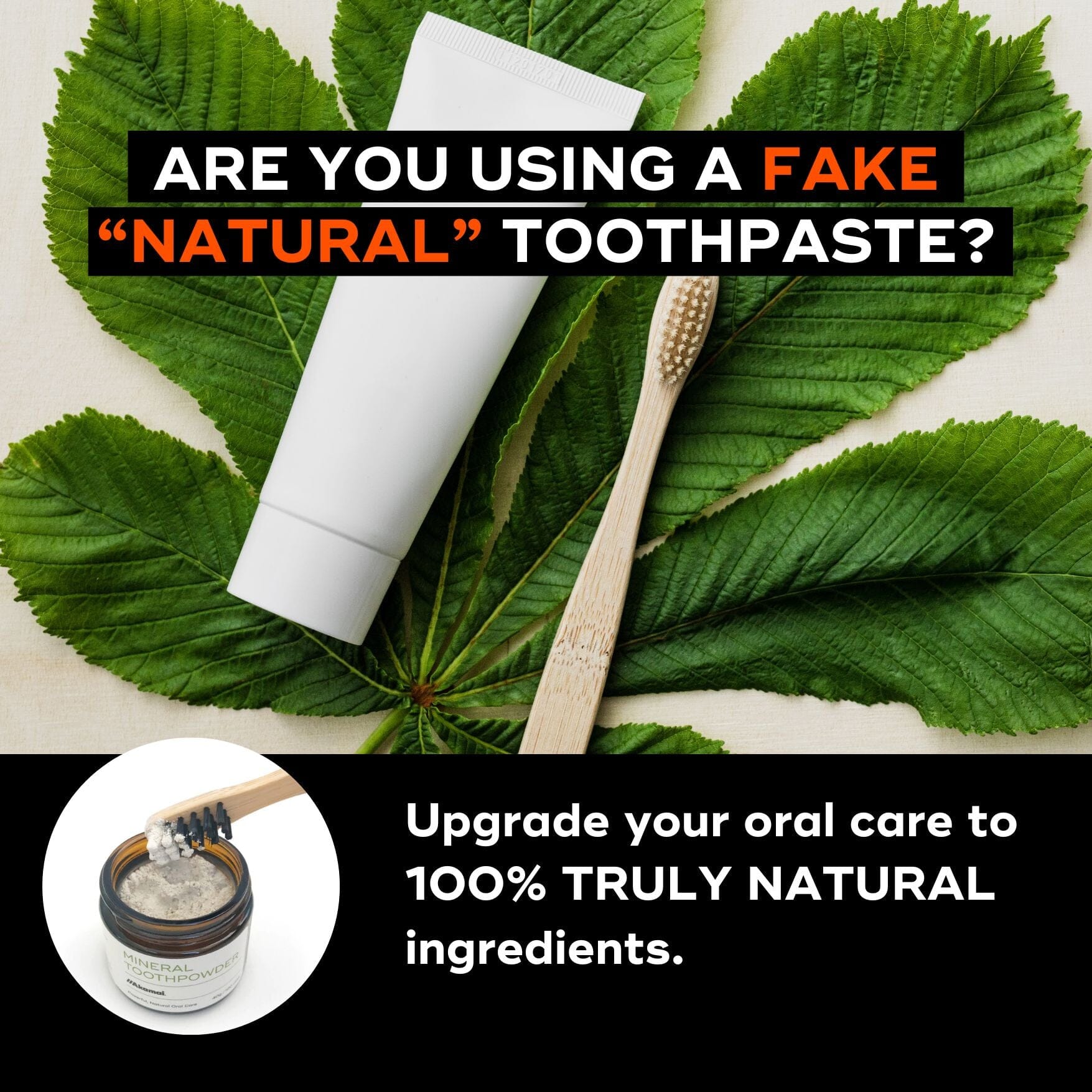 A tube of natural toothpaste beside a bamboo toothbrush and a jar of natural ingredients, highlighting holistic oral care.