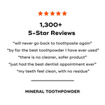 1,300+ 5-star reviews for the Mineral Toothpowder, highlighting customer satisfaction with its natural ingredients and effectiveness.