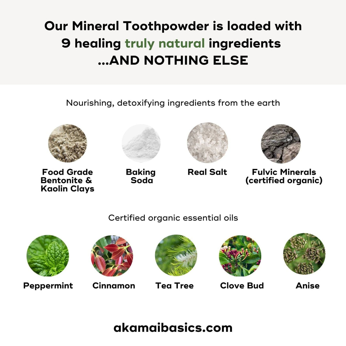 Image showing the ingredients of the ORAL CARE ESSENTIALS KIT mineral toothpowder: clays, baking soda, fulvic minerals, and organic essential oils.