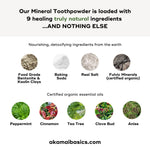 Image showing the ingredients of the ORAL CARE ESSENTIALS KIT mineral toothpowder: clays, baking soda, fulvic minerals, and organic essential oils.