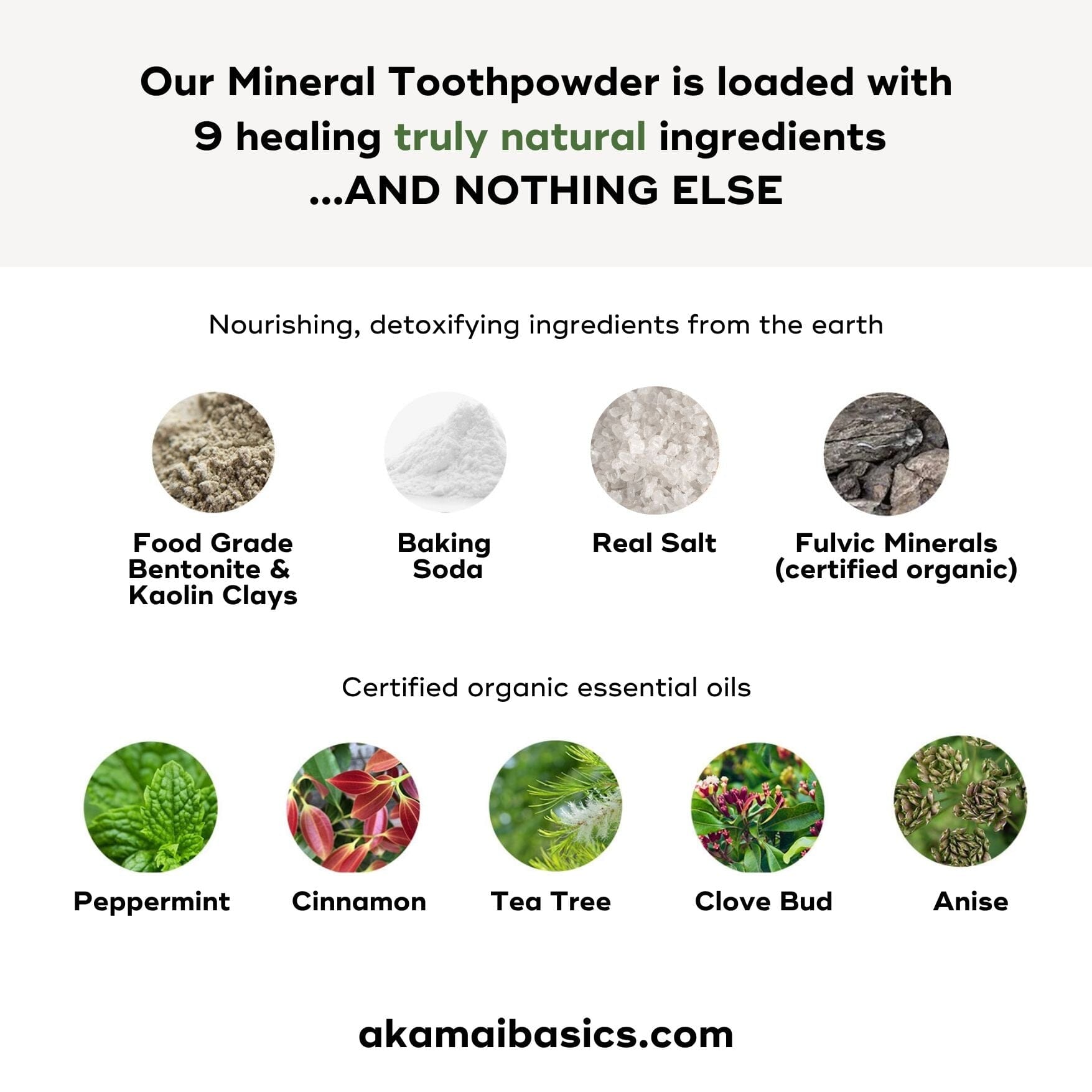 Image showing the ingredients of the ORAL CARE ESSENTIALS KIT mineral toothpowder: clays, baking soda, fulvic minerals, and organic essential oils.
