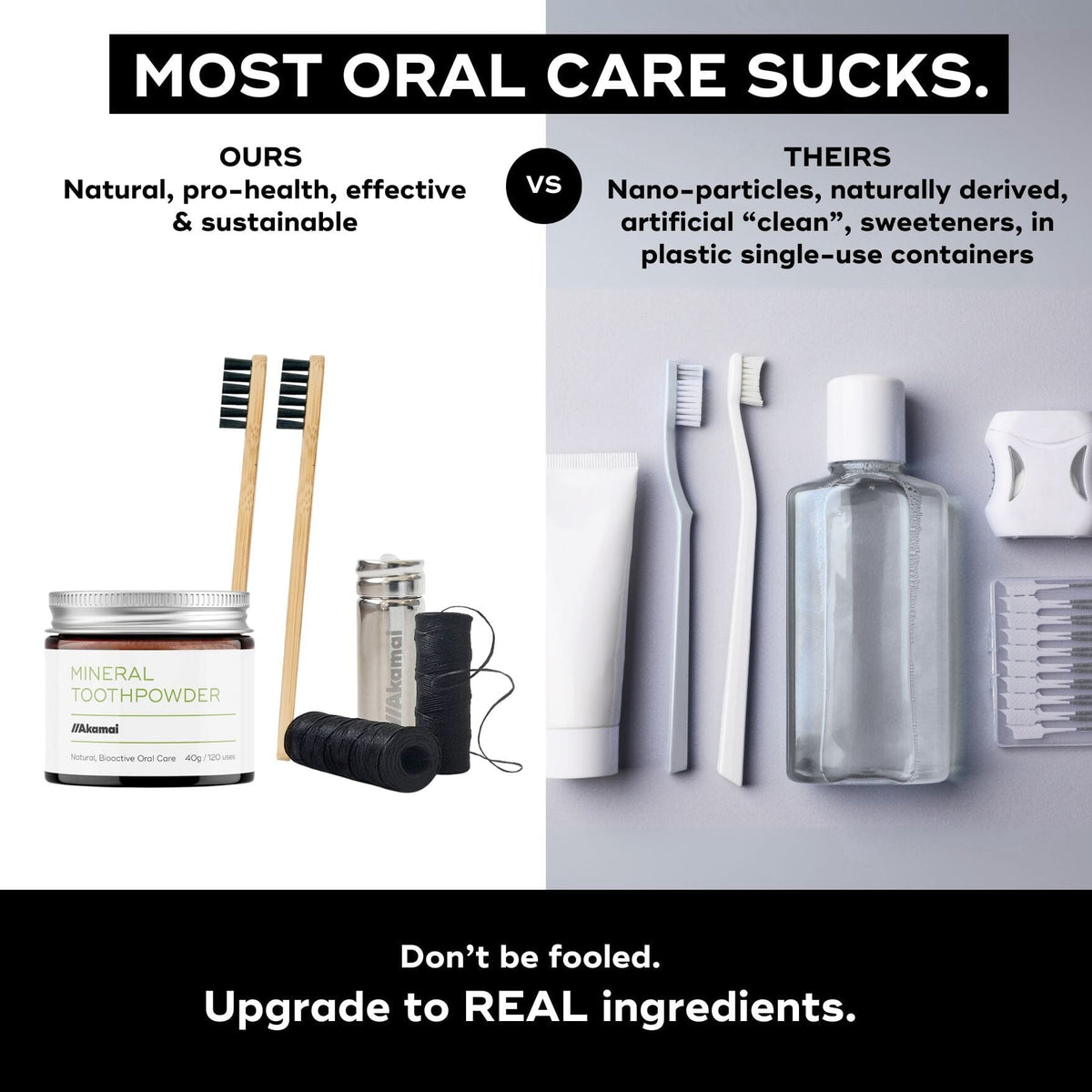 ORAL CARE ESSENTIALS KIT comparison image showcasing natural toothpowder and toothbrushes versus conventional oral care products.