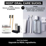 ORAL CARE ESSENTIALS KIT comparison image showcasing natural toothpowder and toothbrushes versus conventional oral care products.