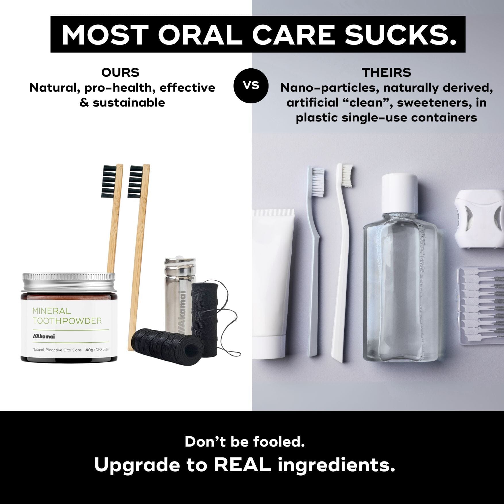 ORAL CARE ESSENTIALS KIT comparison image showcasing natural toothpowder and toothbrushes versus conventional oral care products.