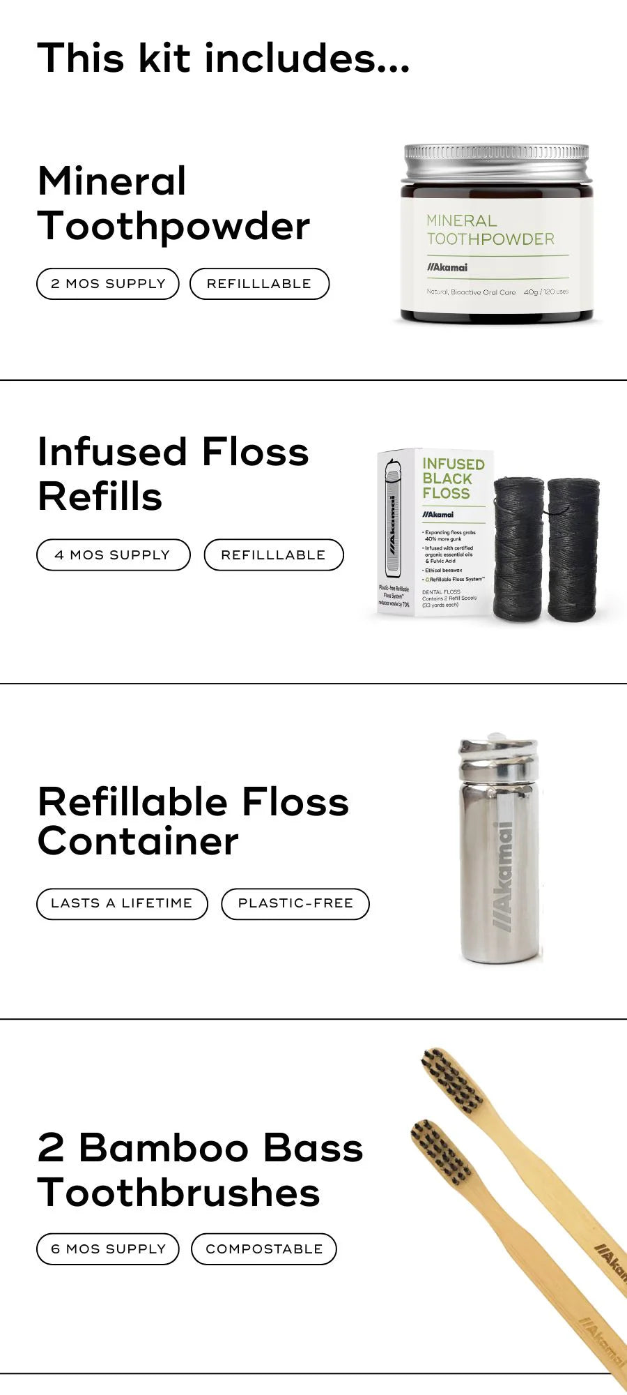 Akamai Basics natural oral care kit featuring mineral toothpowder, infused floss refills, a refillable container, and bamboo toothbrushes.
