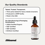 ANCIENT MINERAL DROPS bottle featuring quality standards like USDA Certified Organic and made in the USA in a minimalist design.