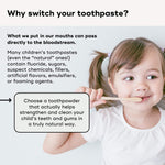 A child brushing their teeth with a wooden toothbrush, promoting KIDS MINERAL TOOTHPOWDER for natural oral care.