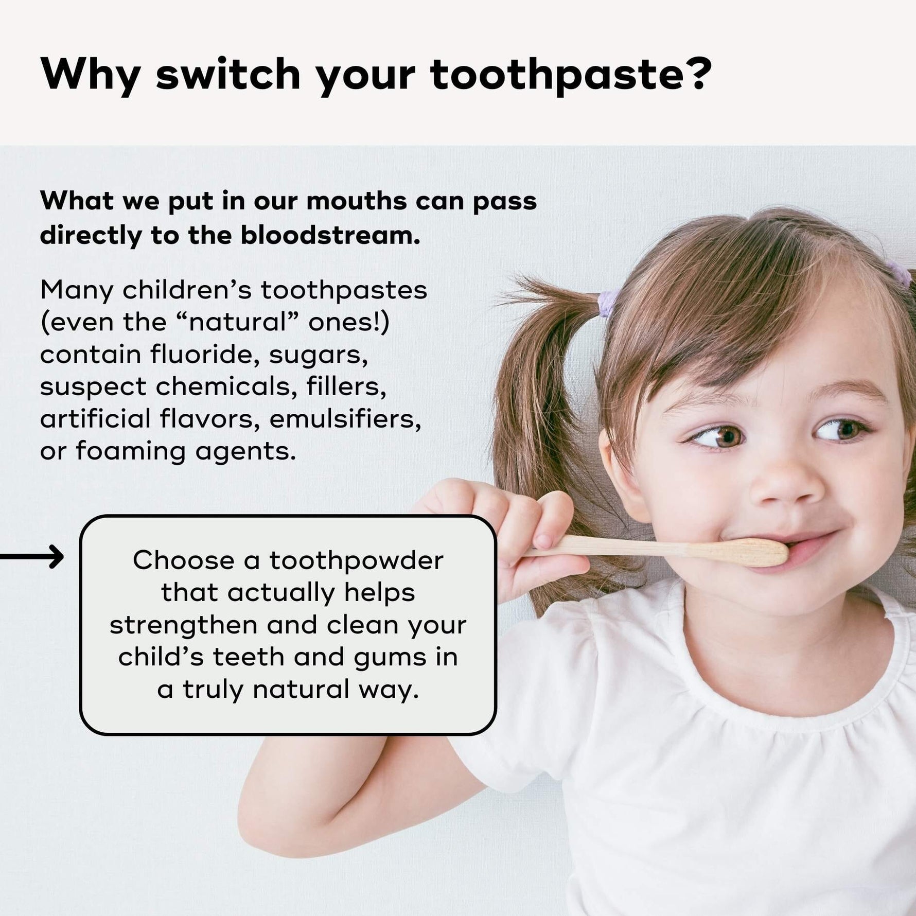 A child brushing their teeth with a wooden toothbrush, promoting KIDS MINERAL TOOTHPOWDER for natural oral care.