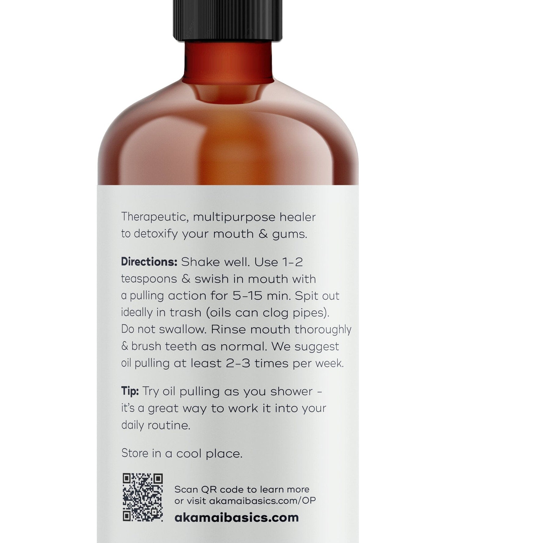 Akamai Basics Oil Pulling Mouthwash bottle with usage directions for natural oral care, designed for detoxifying the mouth.