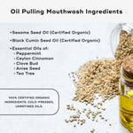 Akamai Basics Oil Pulling Mouthwash ingredients, featuring sesame and black cumin seed oils, and essential oils of peppermint, clove, and tea tree.