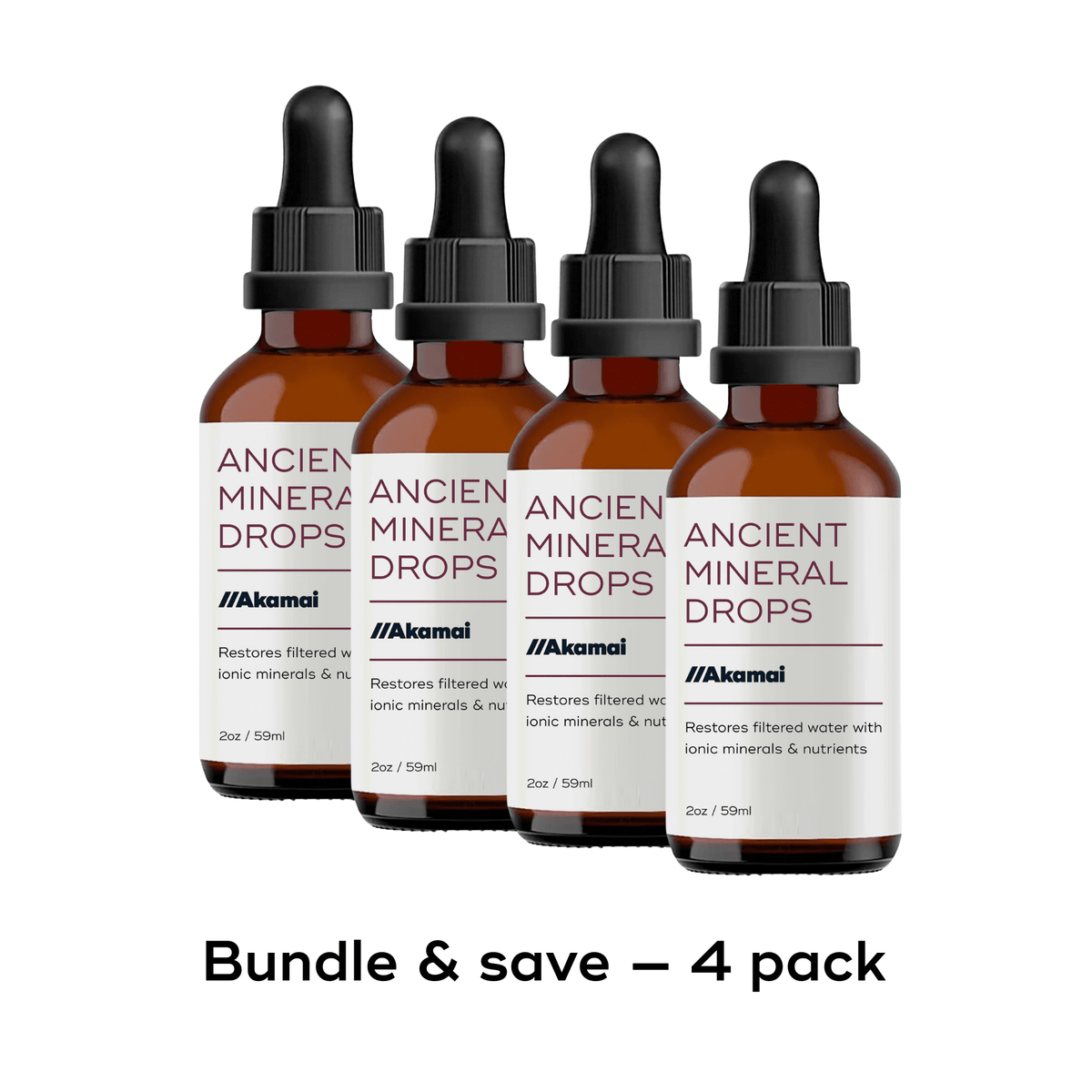 Four bottles of ANCIENT MINERAL DROPS by Akamai, restoring mineral content in filtered water, 2oz each.