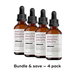 Four bottles of ANCIENT MINERAL DROPS by Akamai, restoring mineral content in filtered water, 2oz each.