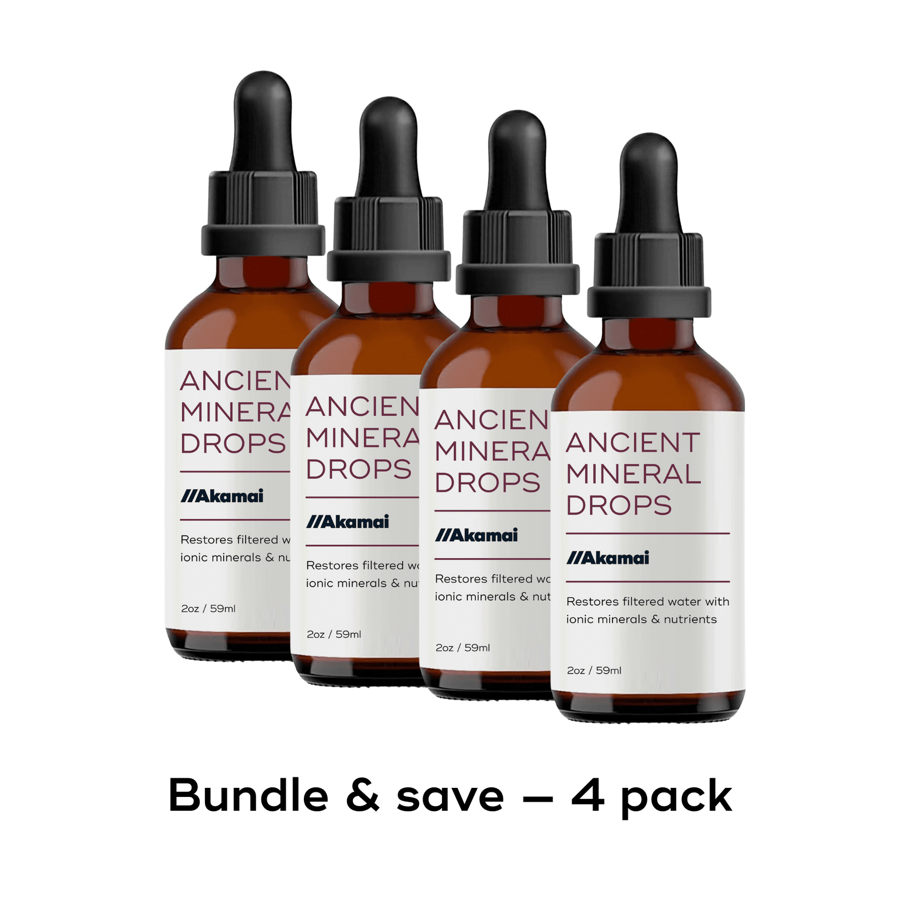 Four bottles of ANCIENT MINERAL DROPS by Akamai, restoring mineral content in filtered water, 2oz each.