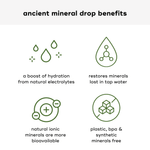 Infographic illustrating benefits of ANCIENT MINERAL DROPS, featuring hydration, mineral restoration, bioavailability, and eco-friendly attributes.