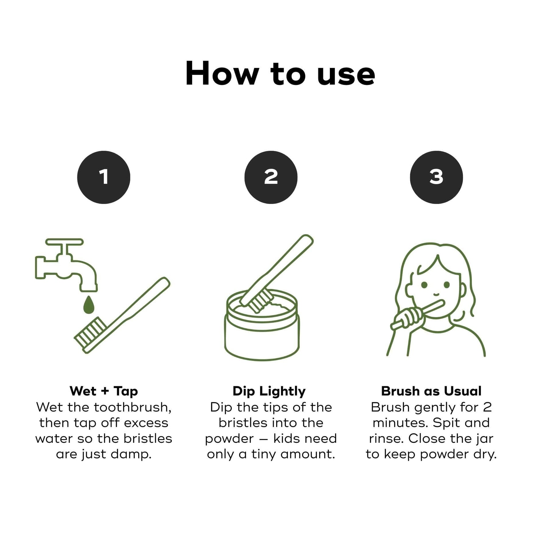 How to use KIDS MINERAL TOOTHPOWDER: wet brush, dip in powder, and brush gently for healthy teeth and gums.