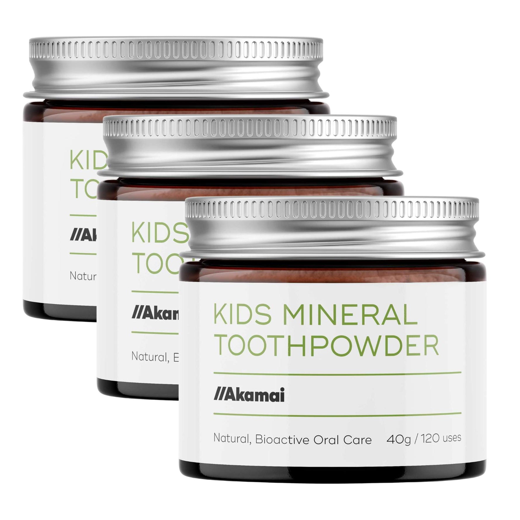 Three jars of Akamai Kids Mineral Toothpowder