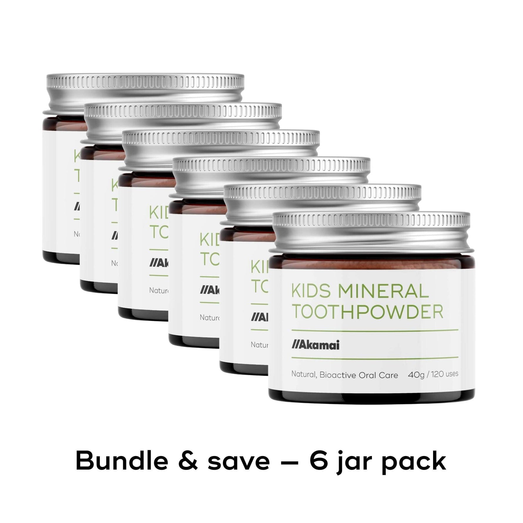 Bundle of 6 jars of KIDS MINERAL TOOTHPOWDER by Akamai, featuring natural oral care with mineral-rich plant-based ingredients.