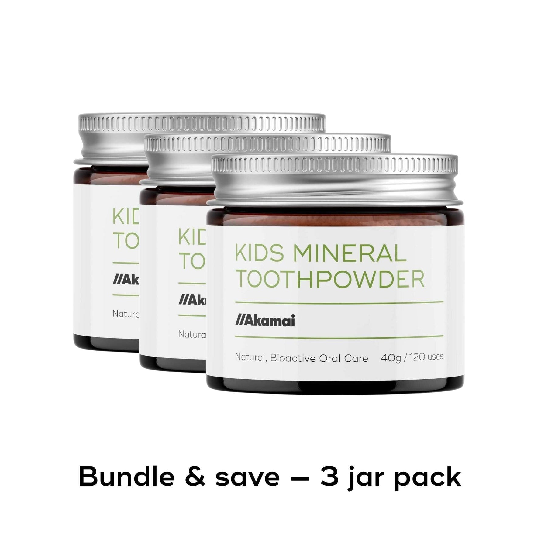 Three jars of KIDS MINERAL TOOTHPOWDER by Akamai, highlighting natural ingredients for healthy oral care.