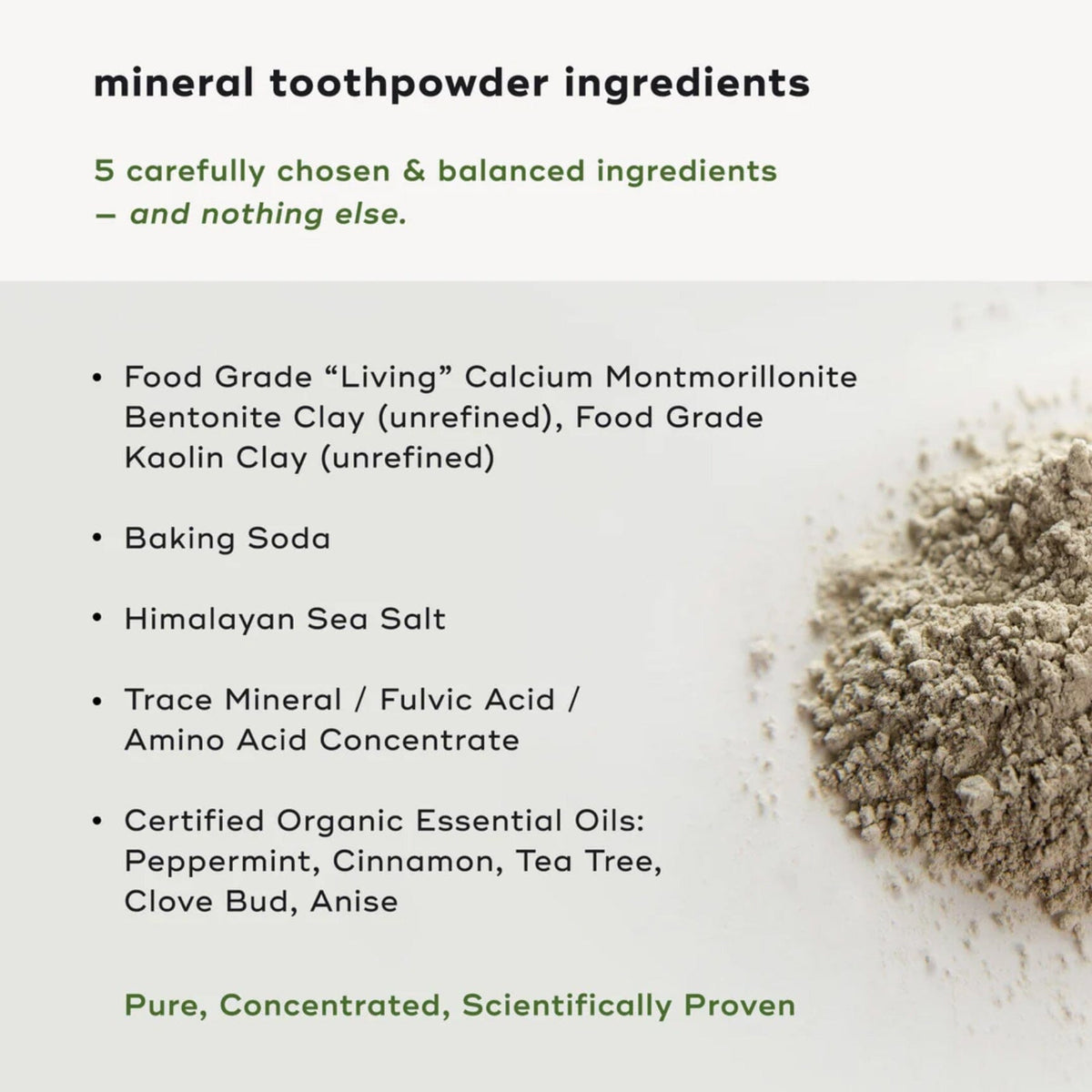 Core Essentials Kit mineral toothpowder ingredients, featuring natural, non-toxic components for holistic oral care.