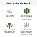 Benefits of KIDS MINERAL TOOTHPOWDER highlighting teeth whitening, mineral support, and toxin absorption with natural ingredients.