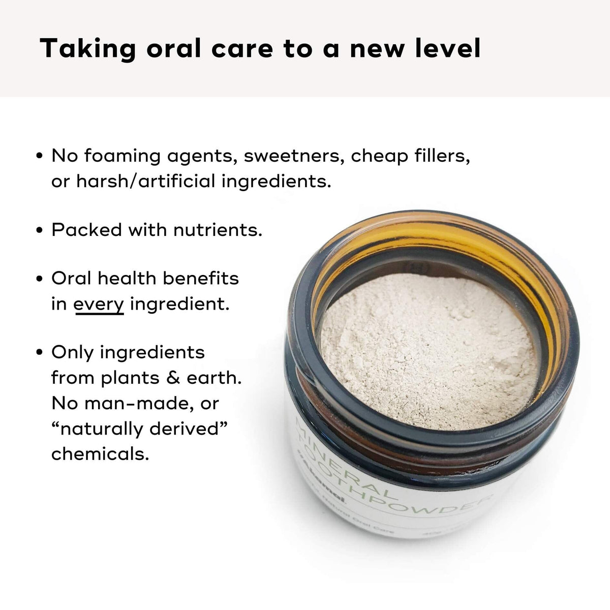 KIDS MINERAL TOOTHPOWDER in a jar showing its natural, nutrient-rich ingredients for healthy teeth and gums.