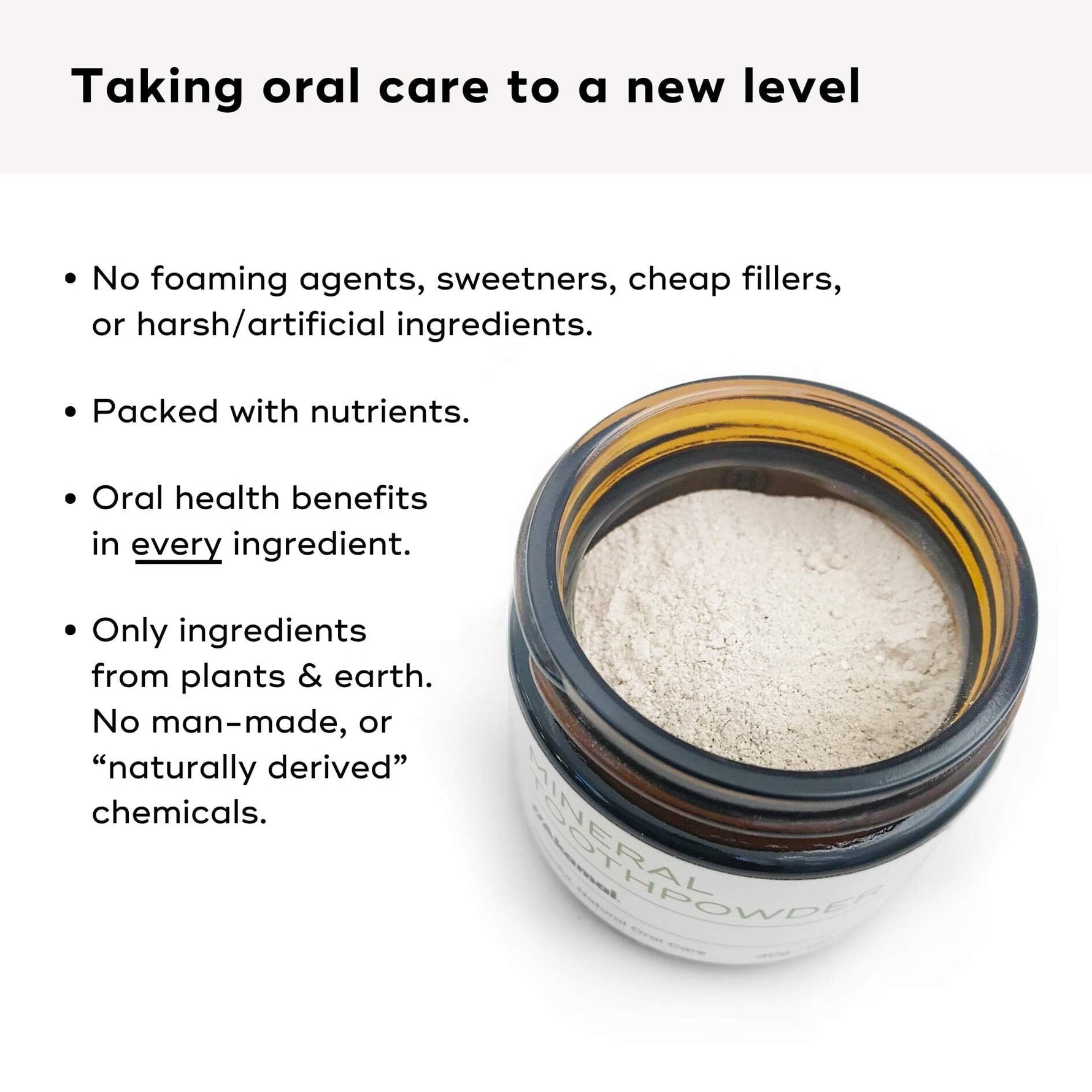 KIDS MINERAL TOOTHPOWDER in a jar showing its natural, nutrient-rich ingredients for healthy teeth and gums.