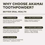 Infographic detailing benefits of Akamai Toothpowder for better oral health, highlighting remineralization, gum support, deep cleaning, and high alkalinity.