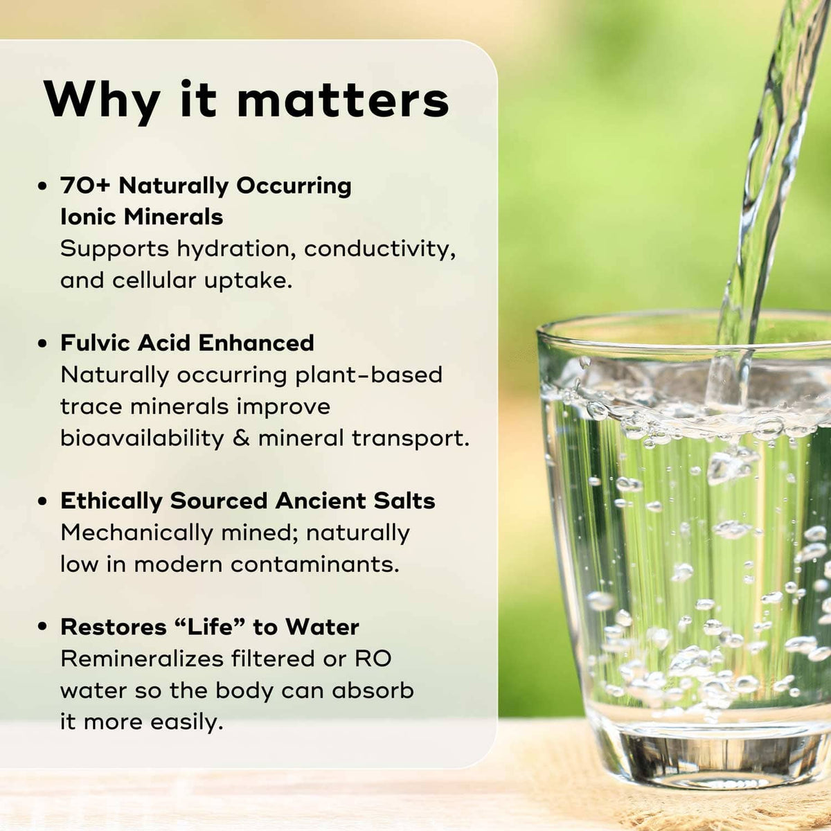 A glass of water being poured, highlighting benefits of ANCIENT MINERAL DROPS, including ionic minerals and natural salts.