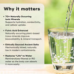 A glass of water being poured, highlighting benefits of ANCIENT MINERAL DROPS, including ionic minerals and natural salts.
