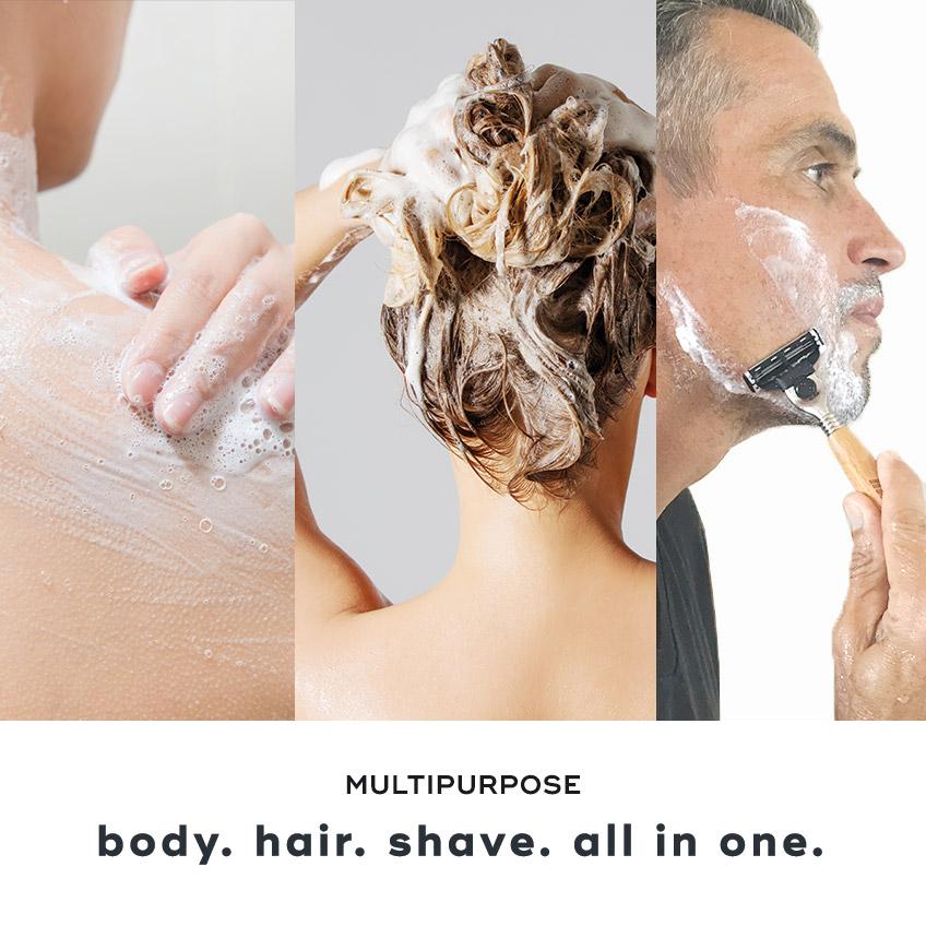 CORE ESSENTIALS KIT showcasing multipurpose products for body, hair, and shaving with natural ingredients for effective care.