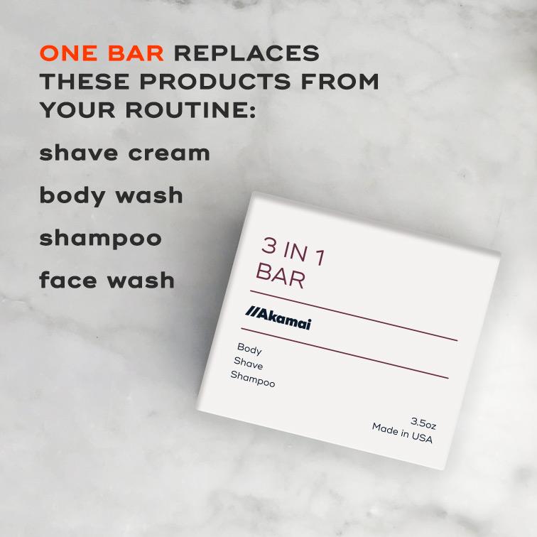 CORE ESSENTIALS KIT featuring Akamai's 3 in 1 Bar that replaces shave cream, body wash, shampoo, and face wash.