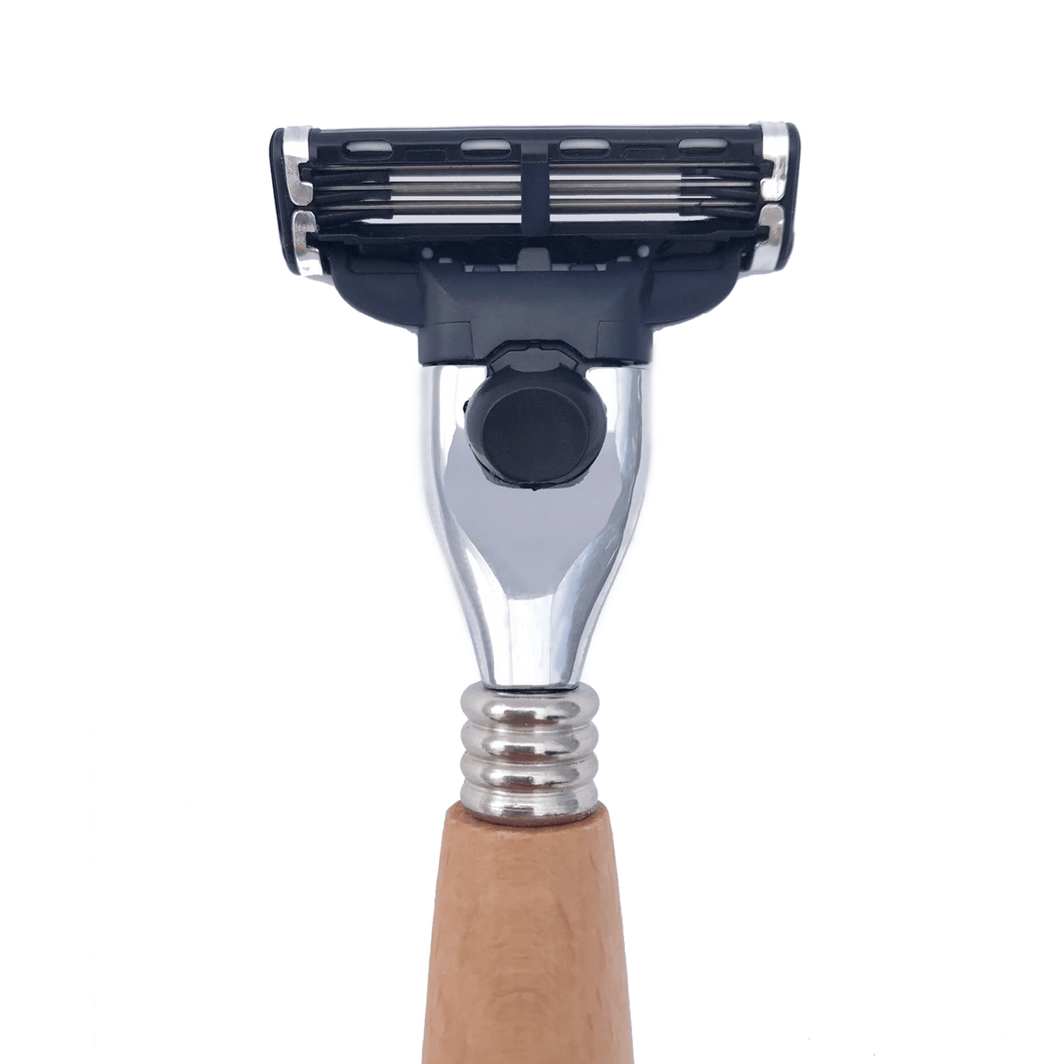 Close-up of SHAVE KIT razor featuring a wooden handle and five blades for a smooth shave with natural care ingredients.