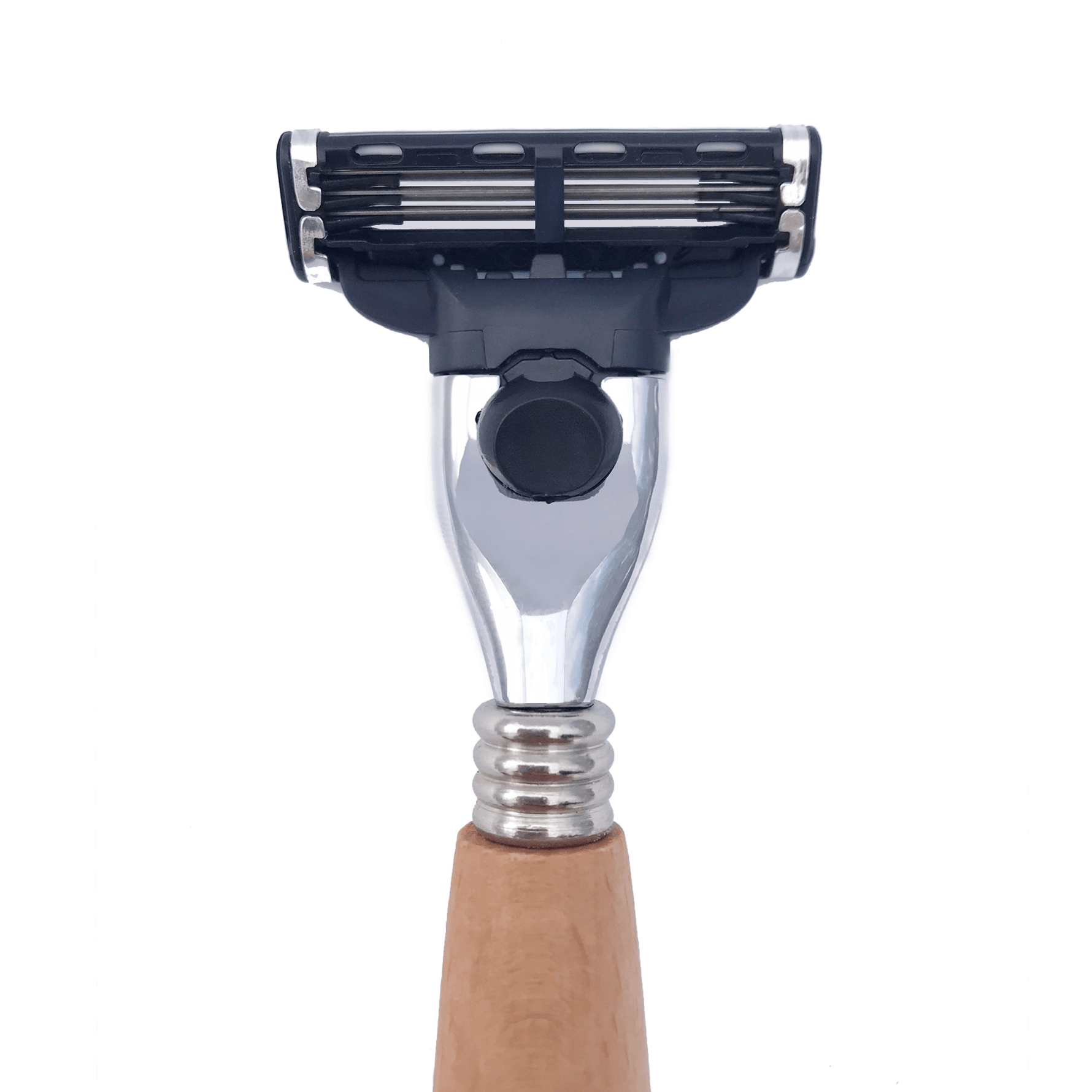 Close-up of SHAVE KIT razor featuring a wooden handle and five blades for a smooth shave with natural care ingredients.