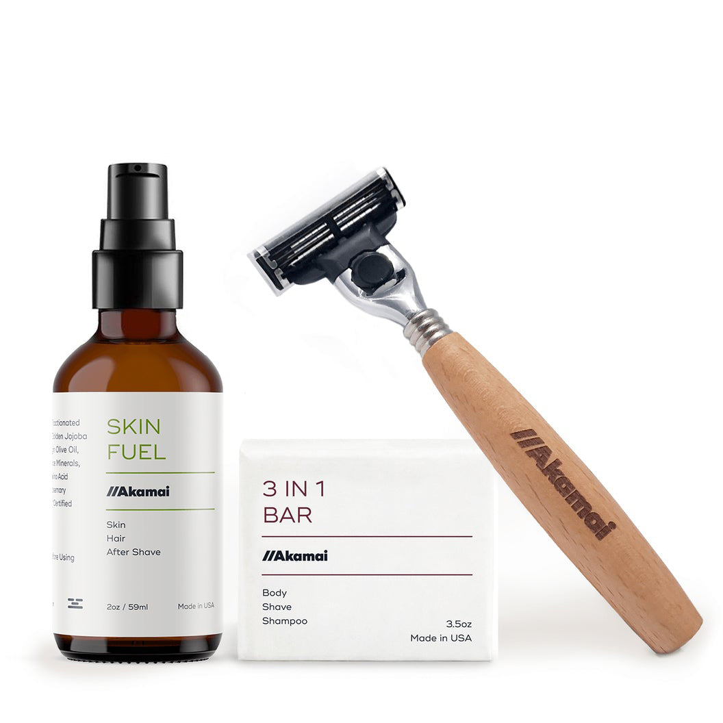 Image of SHAVE KIT featuring Akamai Basics Skin Fuel spray and 3-in-1 bar for a minimalist grooming routine.
