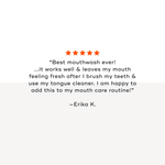 Customer review praising OIL PULLING MOUTHWASH for freshness and effectiveness in oral care.