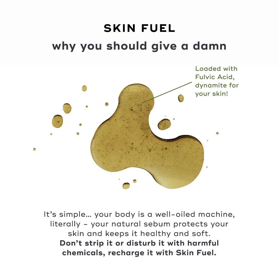 Image of a textured drop of Skin Fuel with fulvic acid, highlighting its natural, nourishing properties for healthy skin.