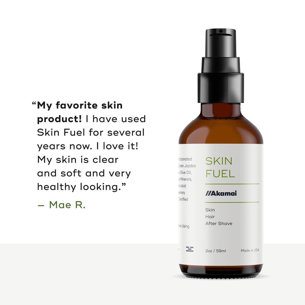 Akamai Basics Skin Fuel in a dark bottle, highlighting natural body care with plant-based ingredients for healthy skin.